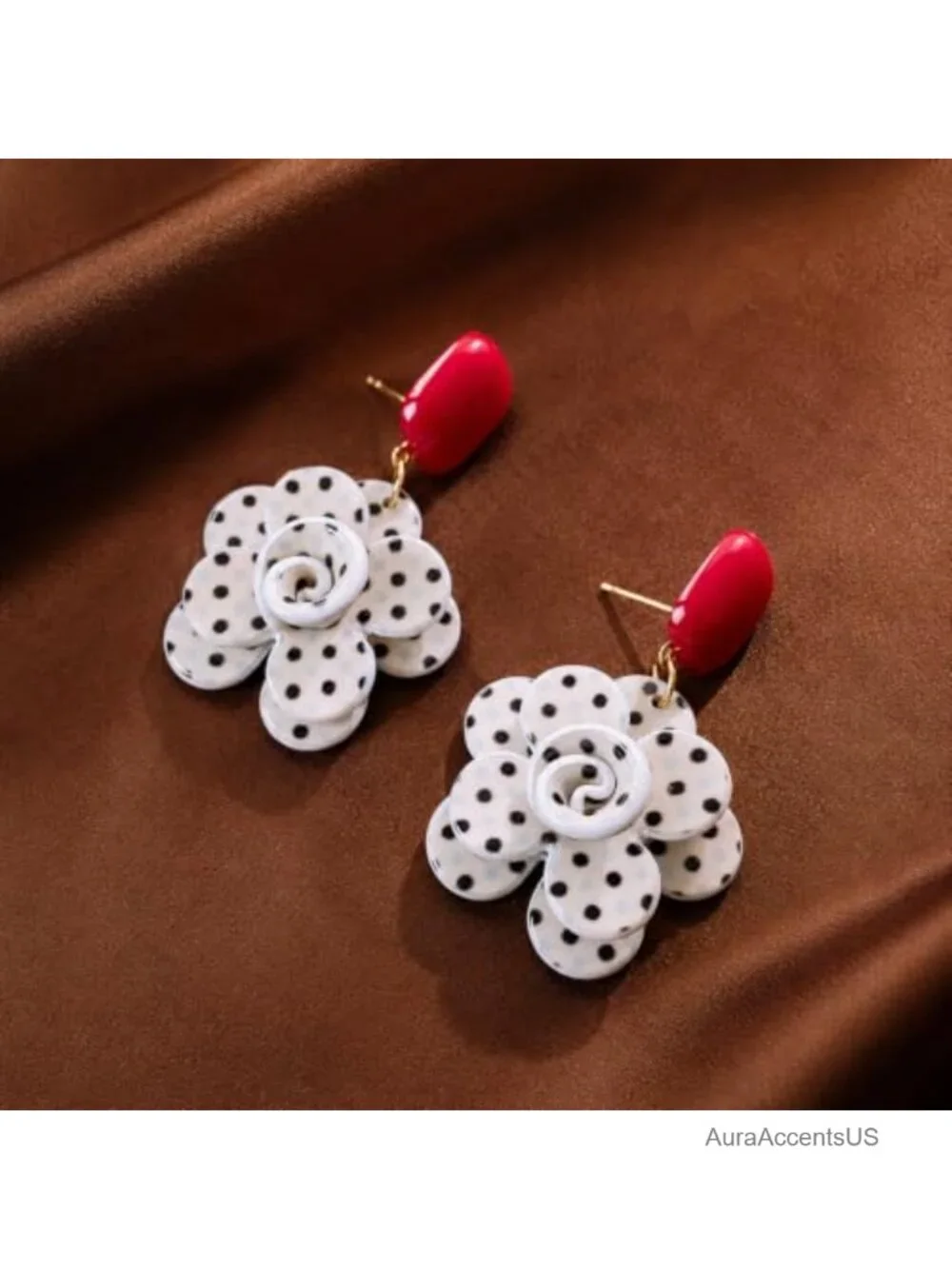 Statement Floral Drop Earrings Gold Tone Black White Polka Dot Dangle Vintage